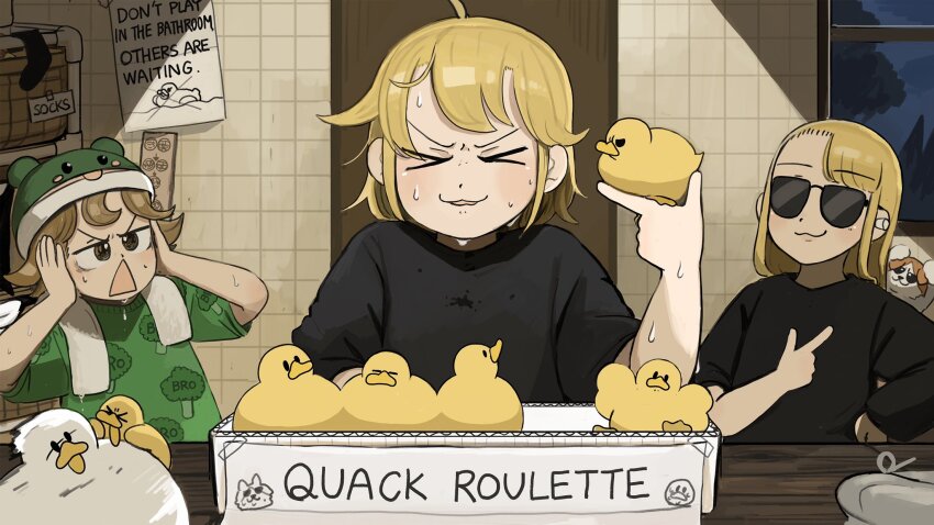 &gt;_&lt; 3girls bathroom bird black_shirt blonde_hair brown_eyes brown_hair cat chicken clumsy_nun_(diva) commentary covering_own_ears diva_(hyxpk) duck duckling english_commentary english_text froggy_nun_(diva) green_shirt highres little_nuns_(diva) long_hair multiple_girls nervous_sweating poster_(object) shirt short_hair spicy_nun_(diva) sunglasses sweat triangle_mouth