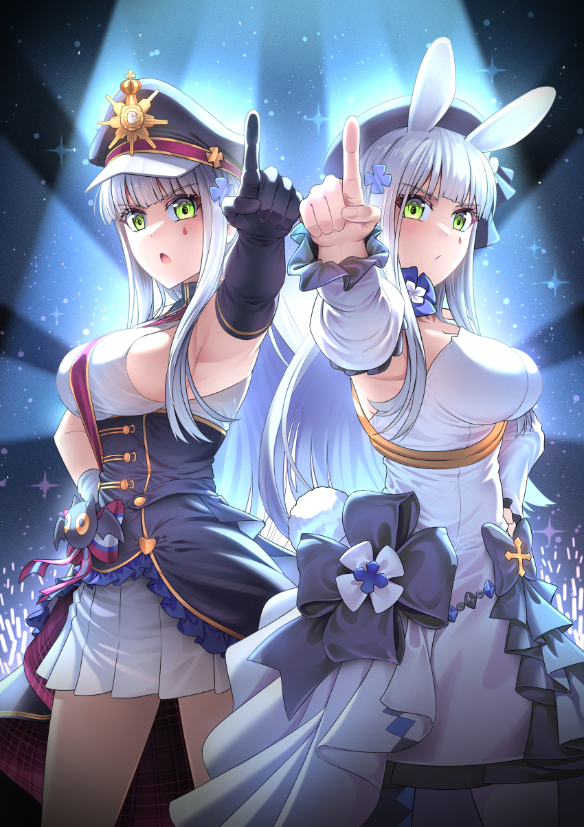 absurdres animal_ears armpits asymmetrical_gloves beret blunt_bangs breasts choker clukay_(aflame_accent)_(neural_cloud) clukay_(neural_cloud) concert detached_sleeves dress dual_persona elbow_gloves facial_mark flower_choker girls&#039;_frontline girls&#039;_frontline_neural_cloud gloves green_eyes hand_on_own_hip hand_up hat highres hk416_(girls&#039;_frontline) hk416_(herbal-flavored_hard_candy)_(girls&#039;_frontline) idol_clothes large_breasts long_hair official_alternate_costume peaked_cap pleated_skirt pointing purple_headwear rabbit_ears red_sash sash senpaihawkkun shirt sideboob single_elbow_glove skirt sleeveless sleeveless_shirt stage_lights strapless strapless_dress tattoo teardrop teardrop_facial_mark teardrop_tattoo white_dress white_hair