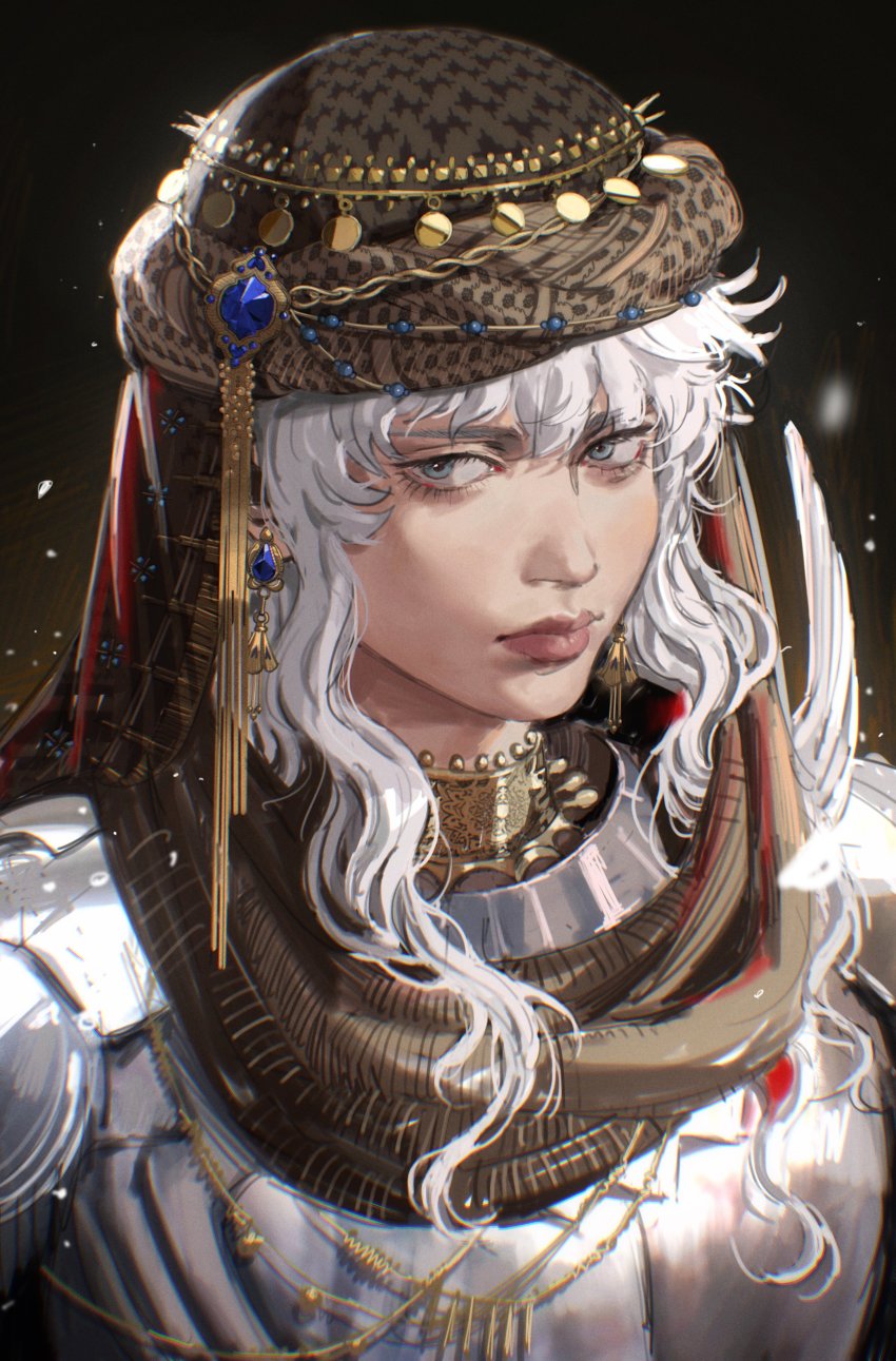 1boy absurdres arabian_clothes armor berserk black_background collar ctstudio_(executional) earrings gem gold grey_eyes griffith_(berserk) hair_between_eyes highres jewelry lips long_hair looking_at_viewer plate_armor shoulder_armor solo turban upper_body wavy_hair white_hair