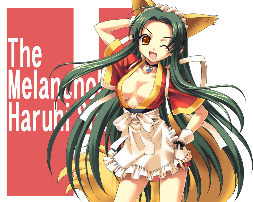 1girl animal_ears apron breasts brown_eyes choker cleavage female_focus fox_ears fox_tail green_hair heart japanese_clothes kemonomimi_mode kimono long_hair ngo_(ngo_dandelion) one_eye_closed open_clothes short_hair short_kimono smile solo suzumiya_haruhi_no_yuuutsu tail tsuruya very_long_hair waist_apron waitress