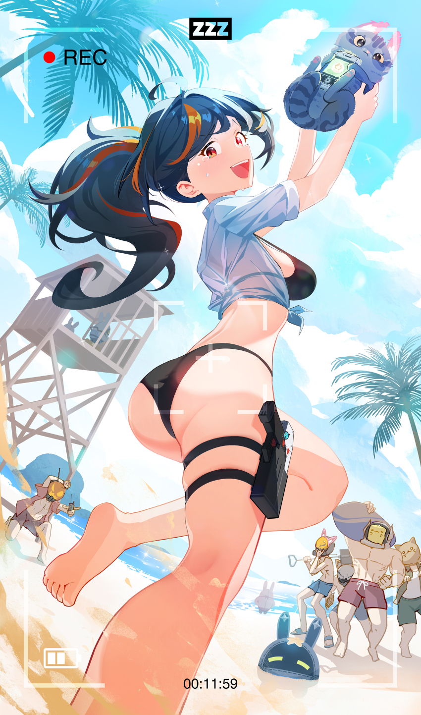 1girl absurdres animal arms_up ass bangboo_(zenless_zone_zero) beach bikini black_bikini black_hair blue_shirt blue_sky cat cellphone cloud commentary_request day fisheye highres holding holding_animal holding_cat knee_up lifeguard_tower looking_at_viewer looking_to_the_side multicolored_hair nasan_(coldtime) ocean open_mouth people phone ponytail pouch red_hair shirt sky smartphone solo_focus streaked_hair swimsuit tearing_up teeth thigh_pouch tied_shirt upper_teeth_only viewfinder zenless_zone_zero zhu_yuan