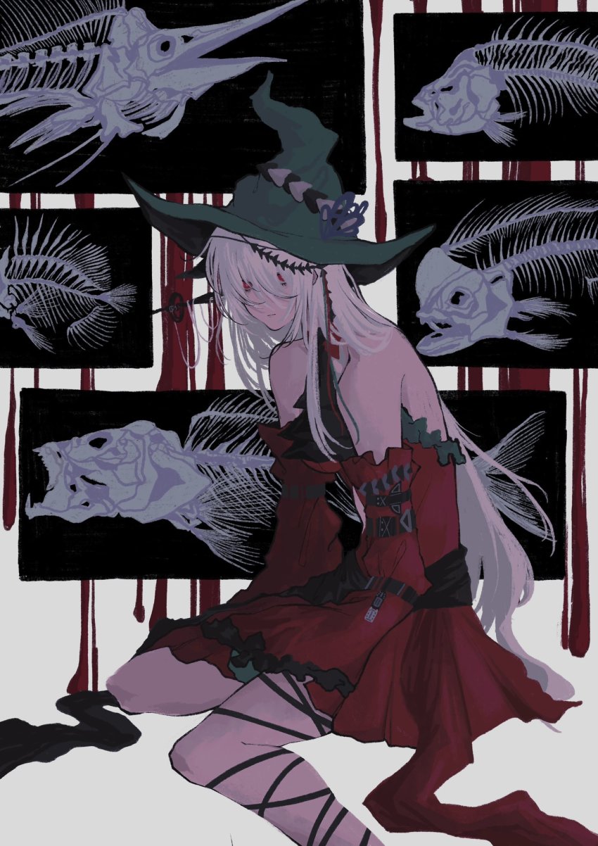 1girl aqua_gloves aqua_hat arknights ascot bare_shoulders black_ascot blood breasts chinese_commentary closed_mouth commentary detached_sleeves dress feet_out_of_frame fish_bone gloves hair_ornament hat highres long_hair low-tied_long_hair medium_breasts official_alternate_costume pointy_hat red_dress red_eyes silver_hair sitting skadi_(arknights) skadi_the_corrupting_heart_(arknights) solo thigh_strap very_long_hair wariza white_background wide_sleeves witch_hat x-ray_film zero_zhengyi