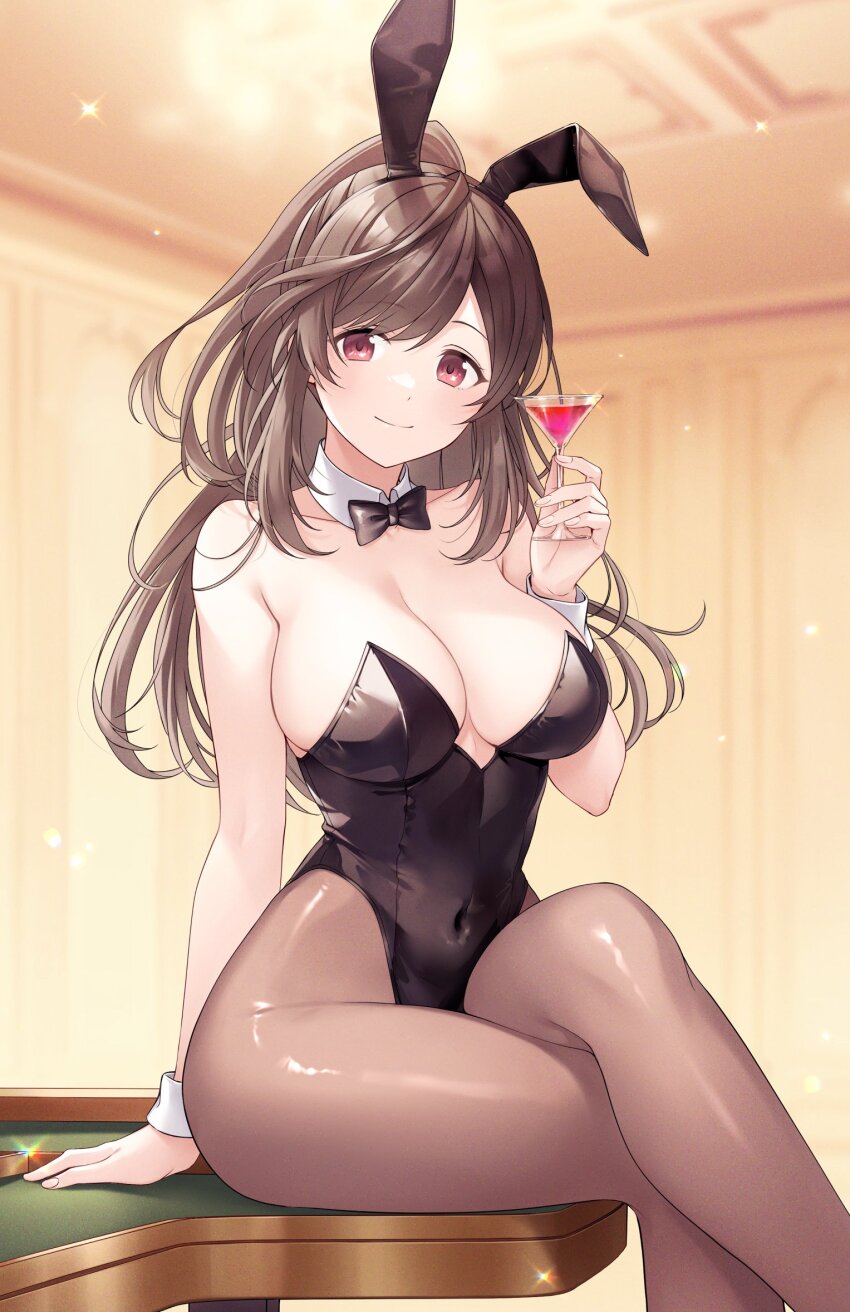 1girl animal_ears black_bow black_bowtie black_leotard bow bowtie brown_hair closed_mouth cocktail_glass collar collarbone commission covered_navel crossed_legs cup detached_collar drinking_glass e_(eokiba) fake_animal_ears highres holding holding_cup idolmaster idolmaster_shiny_colors leotard long_hair on_table pantyhose playboy_bunny rabbit_ears sitting skeb_commission solo strapless strapless_leotard table tsukioka_kogane white_collar white_wrist_cuffs wrist_cuffs