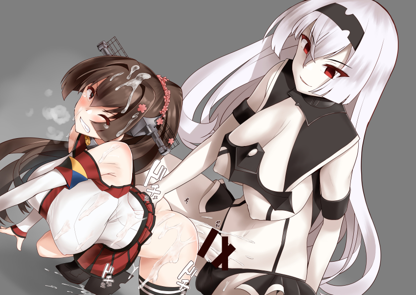 1futa 1girl absurdres abyssal_ship air_defense_princess breasts brown_hair commission futa_with_female futanari glaring grey_hair highres kantai_collection large_breasts large_penis long_hair minase_(takaoka_nanase) nipples penis pixiv_commission rape red_eyes sex sex_from_behind white_hair yamato_(kancolle)