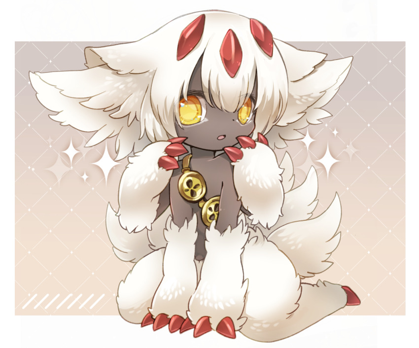 1girl animal_ears body_fur border claws dark-skinned_female dark_skin dot_nose extra_arms faputa fewer_digits horns kneeling made_in_abyss monster_girl multiple_horns multiple_tails okamori_kuo open_mouth short_hair solo tail very_dark_skin white_border white_fur white_hair yellow_eyes