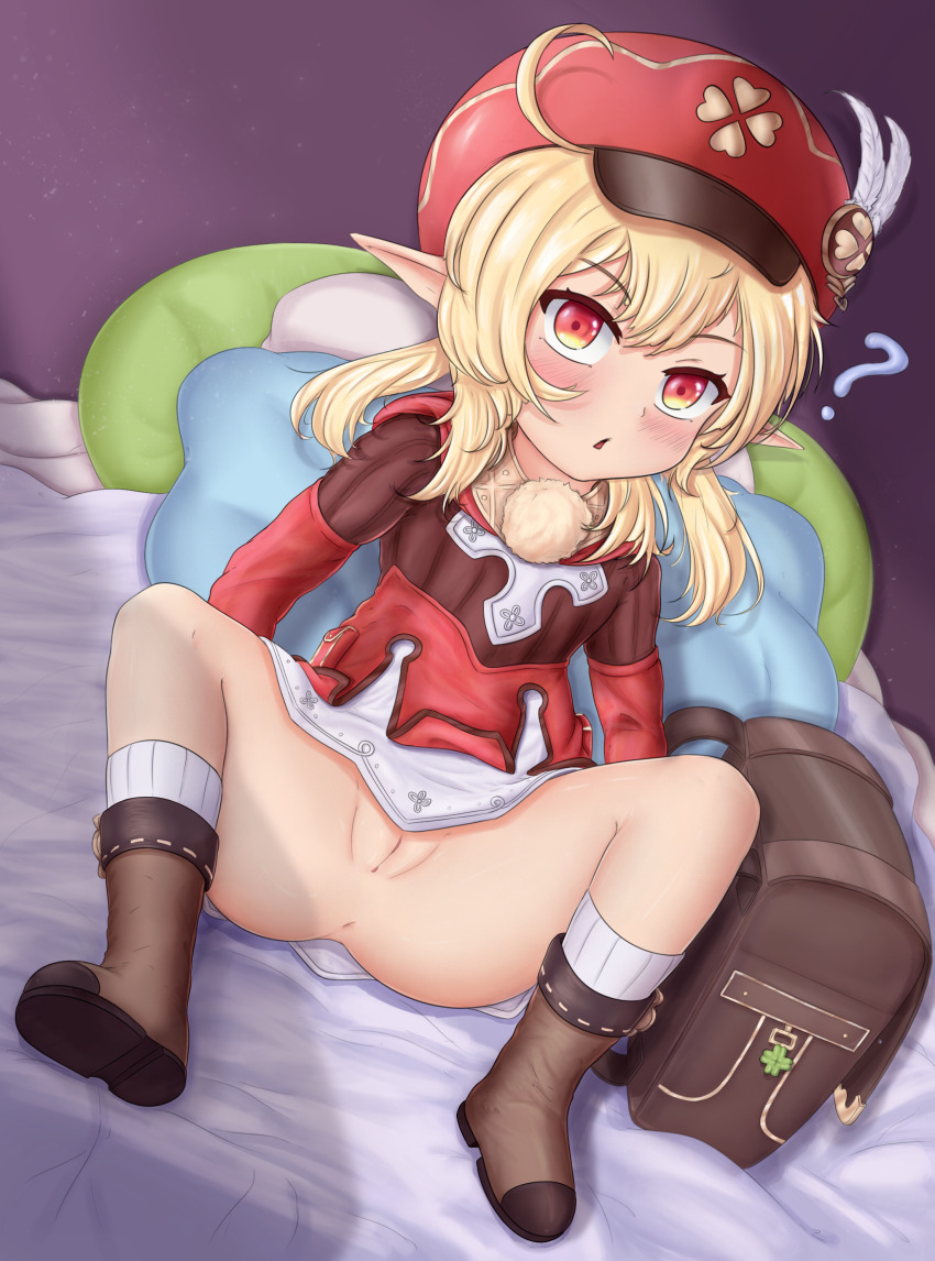 1girl absurdres ahoge anus arm_support ass backpack bad_id bad_pixiv_id bag bed_sheet blonde_hair blush boots brown_footwear cabbie_hat chestnut_mouth cleft_of_venus clover clover_print coat feathers female_focus flat_chest four-leaf_clover genshin_impact hat hat_feather highres klee_(genshin_impact) knee_up looking_at_viewer medium_hair miraclesoff multicolored_clothes multicolored_eyes no_panties on_bed pillow pointy_ears pussy question_mark red_coat red_eyes red_hat shadow sidelocks sitting solo spread_legs thick_thighs thighs uncensored unworn_backpack unworn_bag white_feathers yellow_eyes