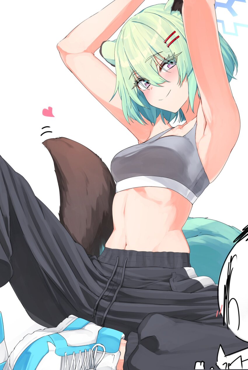 animal_ears bare_arms bare_shoulders blue_archive breasts doodle_sensei_(blue_archive) green_hair grey_pants halo highres isocha looking_at_viewer medium_breasts medium_hair navel pants purple_eyes sensei_(blue_archive) shigure_(blue_archive) simple_background sports_bra tail weasel_ears weasel_girl weasel_tail white_background