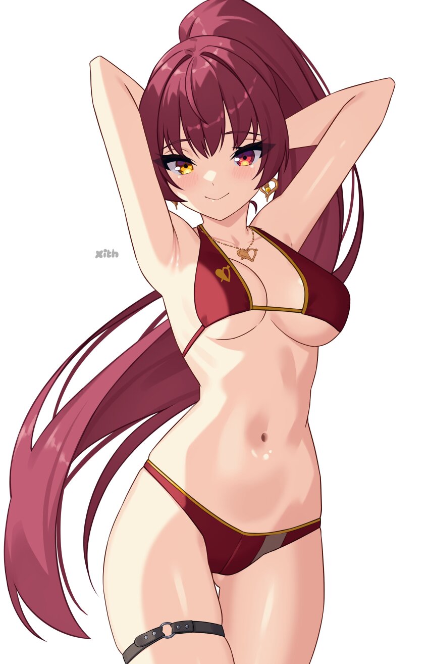 1girl absurdres armpits arms_behind_head arms_up arrow_through_heart bikini breasts cleavage closed_mouth cowboy_shot earrings gluteal_fold gold_earrings gold_necklace halterneck hashtag-only_commentary heart heart_earrings heart_necklace heterochromia high_ponytail highres hololive houshou_marine houshou_marine_(summer) jewelry large_breasts long_hair looking_at_viewer navel necklace o-ring o-ring_thigh_strap official_alternate_costume official_alternate_hairstyle presenting_armpit red_bikini red_eyes red_hair simple_background smile solo standing stomach swimsuit thigh_strap very_long_hair virtual_youtuber white_background x_xith_x yellow_eyes