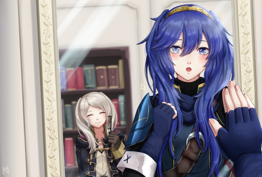 2girls :o alternate_hairstyle black_robe blue_eyes blue_gloves blue_hair bookshelf closed_mouth fingerless_gloves fire_emblem fire_emblem_awakening gloves hair_between_eyes hair_brush happy highres holding holding_hair_brush indoors long_hair long_sleeves looking_at_mirror lucina_(fire_emblem) matching_hairstyle mirror mother_and_daughter multiple_girls nintendo open_clothes open_mouth open_robe pov pov_hands reia_hana robe robin_(female)_(fire_emblem) robin_(fire_emblem) smile tongue twintails white_hair