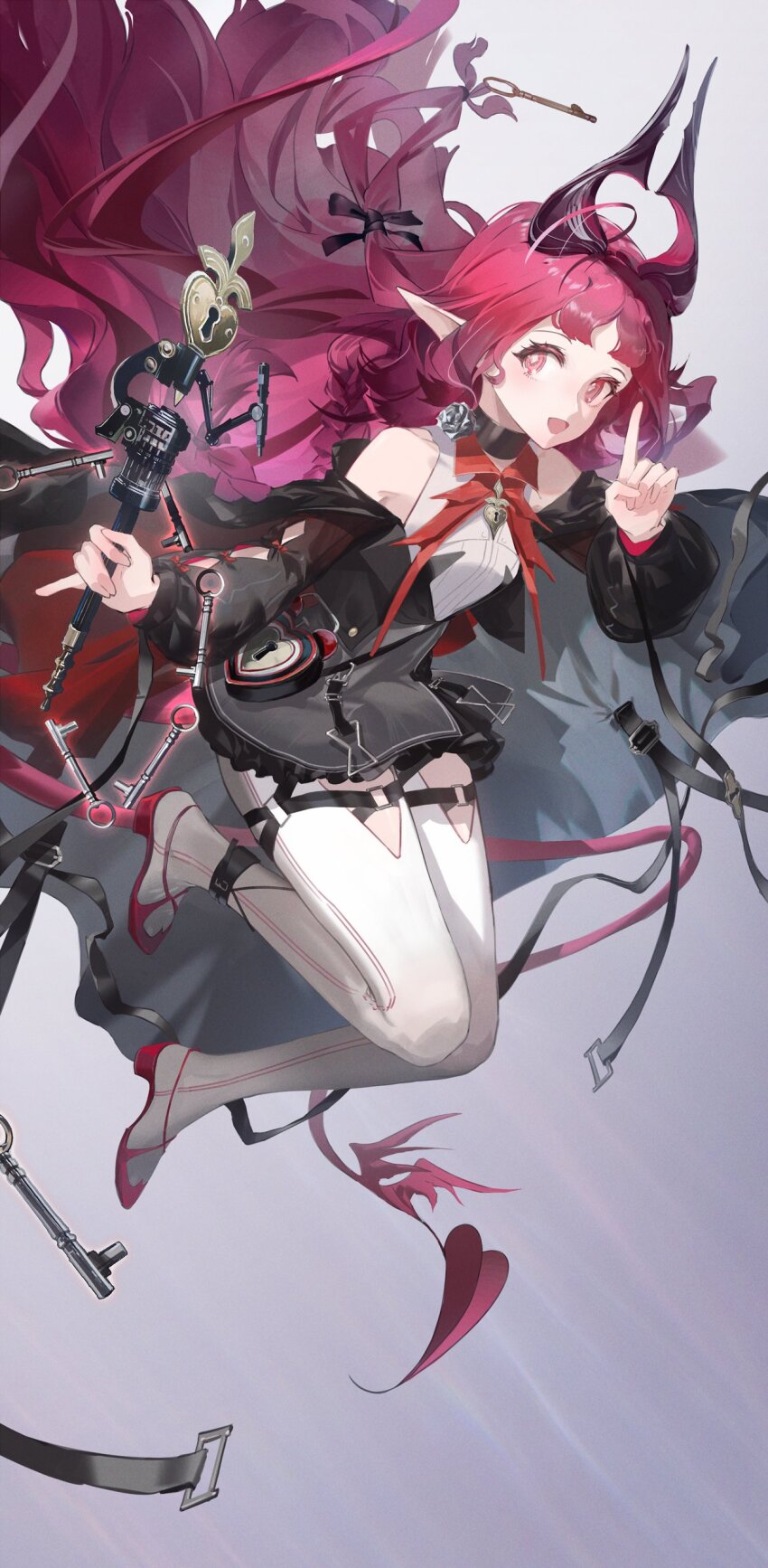 1girl :d absurdres arknights black_jacket blush commentary demon_girl demon_horns demon_tail floating floating_hair foot_up full_body hand_up heart heart-shaped_lock heart_tail high_heels highres holding holding_staff horns index_finger_raised jacket knees_together_feet_apart long_bangs long_hair looking_at_viewer neck_ribbon nymph_(arknights) off_shoulder open_mouth pantyhose pantyhose_cutout pointy_ears red_eyes red_footwear red_hair red_ribbon ren_(gh) ribbon shirt sleeveless sleeveless_shirt smile solo staff symbol-only_commentary tail very_long_hair white_pantyhose white_shirt