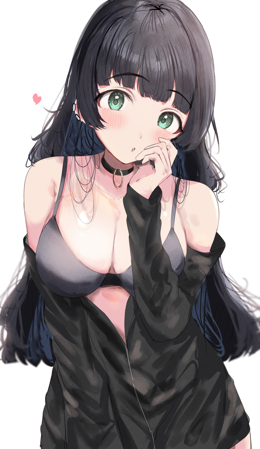 1girl :o absurdres black_choker black_hair blunt_bangs blush bocchi_the_rock! bra breasts chin_piercing choker colored_inner_hair ear_piercing green_eyes grey_bra hand_on_own_face heart highres hime_cut large_breasts long_hair long_sleeves looking_at_viewer multicolored_hair no_pants pa-san partially_unzipped piercing simple_background sunya_(honorin-yuunibo) track_suit underwear