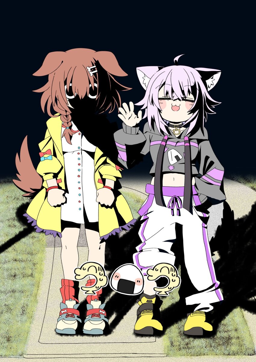 2girls ahoge animal_ears black_hoodie braid brown_hair cat_ears clenched_hands closed_eyes dog_ears dog_tail dress hand_in_pocket highres hololive hood hoodie inugami_korone inugami_korone_(1st_costume) jacket listener_(inugami_korone) meme midriff multiple_girls navel nekomata_okayu nekomata_okayu_(1st_costume) onigirya_(nekomata_okayu) pants purple_hair tada_no_shika tail virtual_youtuber waving white_dress white_pants why_dis_ninja_look_so_mad_(meme) yellow_jacket