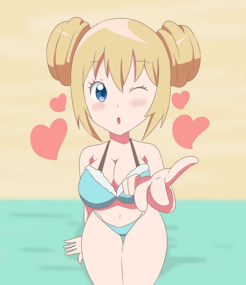 1girl arm_support bikini blend_s blonde_hair blowing_kiss blue_bikini blush breasts double_bun hair_bun heart highres hinata_kaho large_breasts legs navel one_eye_closed solo swimsuit thick_thighs thighs wink