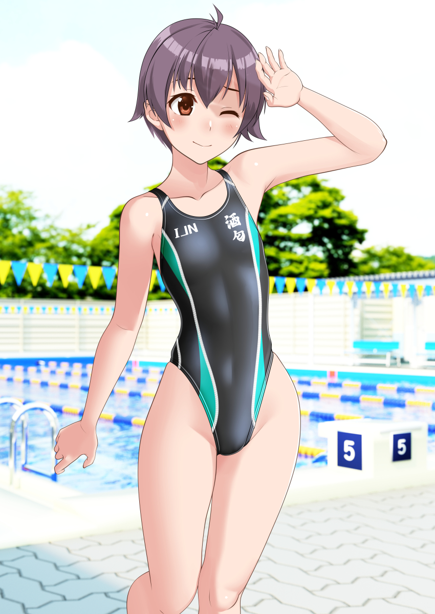 1girl absurdres antenna_hair black_one-piece_swimsuit blue_sky brown_eyes clothes_writing cloud competition_swimsuit covered_navel day feet_out_of_frame flat_chest grey_hair highleg highleg_one-piece_swimsuit highres kantai_collection lane_line multicolored_clothes multicolored_swimsuit one-piece_swimsuit one_eye_closed outdoors pool pool_ladder sakawa_(kancolle) short_hair sky smile solo starting_block string_of_flags swimsuit takafumi variant_set