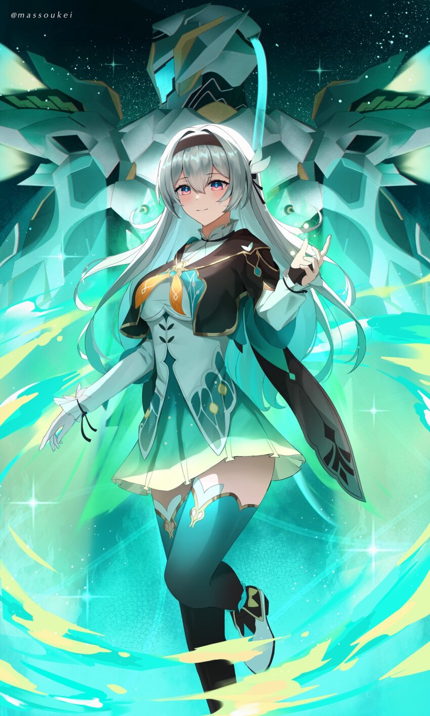 1girl 1other aqua_skirt aqua_thighhighs armor back-to-back black_hairband black_jacket blue_pupils blush breasts bridal_gauntlets closed_mouth cropped_jacket dark_background firefly_(honkai:_star_rail) foot_out_of_frame full_armor glowing_headgear green_light grey_hair hair_intakes hairband hand_up highres honkai:_star_rail honkai_(series) jacket leg_up light_particles long_hair looking_ahead looking_back massoukei medium_breasts neckerchief orange_neckerchief pink_eyes sam_(honkai:_star_rail) shirt single_bridal_gauntlet skirt thighhighs twitter_username two-tone_eyes white_armor white_footwear white_shirt