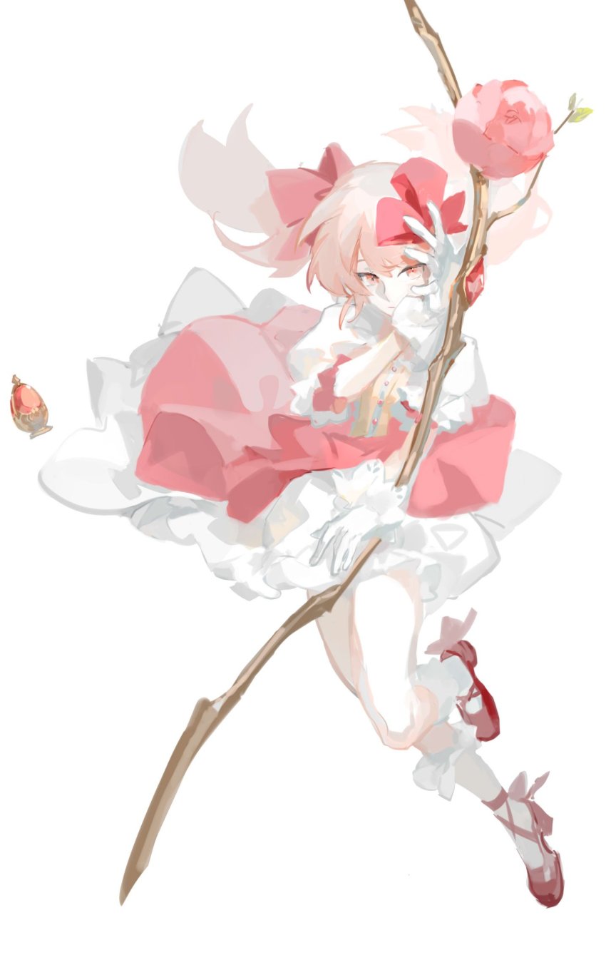 1girl bow bow_(weapon) branch bubble_skirt buttons center_frills flower frilled_socks frills full_body gloves hair_bow highres holding holding_bow_(weapon) holding_weapon kaname_madoka kaname_madoka_(magical_girl) layered_skirt liulianjingrua mahou_shoujo_madoka_magica mahou_shoujo_madoka_magica_(anime) medium_hair pink_bow pink_eyes pink_flower pink_hair pink_rose pink_shoes pink_skirt pink_theme puffy_short_sleeves puffy_sleeves rose shirt shoes short_sleeves simple_background skirt socks solo soul_gem twintails weapon white_background white_gloves white_shirt white_skirt white_socks