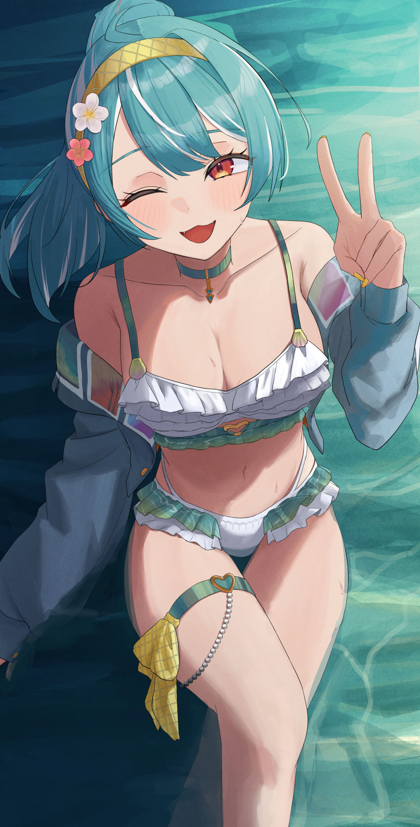 1girl absurdres aqua_hair bikini blush breasts choker cleavage crossed_legs flower frilled_bikini frills gold_hairband green_choker hair_flower hair_ornament hairband highres jacket large_breasts long_hair long_sleeves looking_at_viewer navel off_shoulder one_eye_closed open_clothes open_jacket open_mouth ponytail ronununn shiranami_ramune smile swimsuit thigh_strap v virtual_youtuber vspo! white_bikini