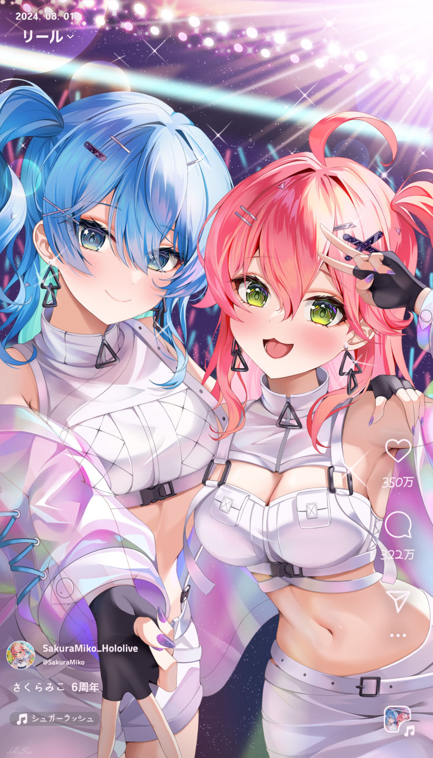 2girls absurdres ahoge arm_around_shoulder blue_eyes blue_hair blush breasts cleavage commentary concert crop_top dated earrings eyelashes fingerless_gloves gloves glowstick green_eyes hair_between_eyes highres hololive hoshimachi_suisei jacket jewelry jin_kemi light_particles long_hair looking_at_viewer medium_breasts micomet_(hololive) multiple_girls nail_polish navel one_side_up open_mouth pink_hair purple_nails sakura_miko see-through see-through_jacket shorts side_ponytail skirt small_breasts smile sparkle stage_lights star_(symbol) star_in_eye sugar_rush_(hololive) symbol-only_commentary symbol_in_eye translation_request triangle_earrings v virtual_youtuber