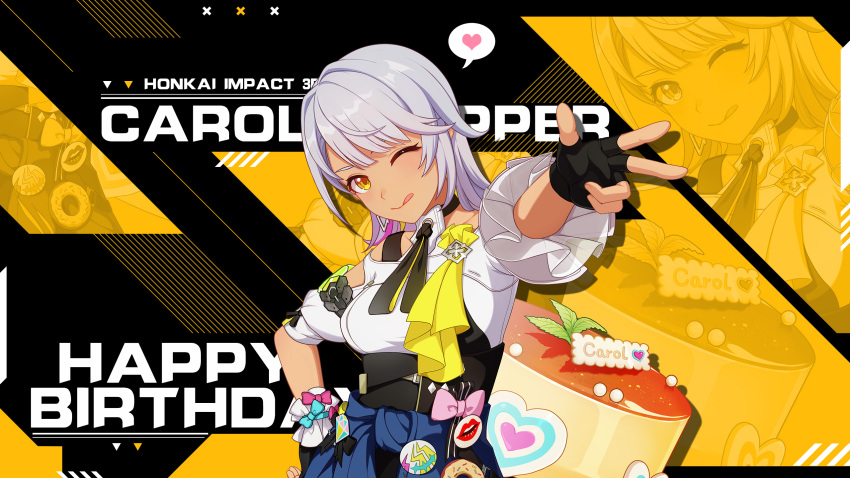 1girl :p breasts cake carole_peppers character_name english_text fingerless_gloves food gloves grey_hair hand_on_own_hip happy_birthday highres honkai_(series) honkai_impact_3rd looking_at_viewer medium_breasts official_art official_wallpaper one_eye_closed pink_ribbon ribbon short_hair solo three-finger_salute tongue tongue_out upper_body yellow_eyes