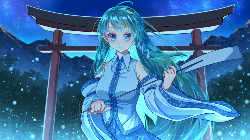 1girl absurdres bare_shoulders blue_eyes blue_skirt blush closed_mouth collared_shirt commentary_request cowboy_shot detached_sleeves forest frog_hair_ornament gohei green_hair hair_ornament highres holding holding_gohei jiege kochiya_sanae long_hair looking_at_viewer mountain nature night night_sky shirt skirt sky sleeveless sleeveless_shirt snake_hair_ornament solo star_(sky) starry_sky torii touhou very_long_hair white_shirt white_sleeves wide_sleeves wing_collar