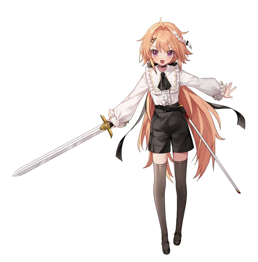 1boy absurdres androgynous bad_id bad_twitter_id blonde_hair blush fate/apocrypha fate/grand_order fate_(series) full_body highres holding holding_sword holding_weapon if_they_mated koyashaka lelahel_meier_(koyashaka) long_hair low_ponytail male_focus multicolored_hair open_mouth original purple_eyes smile solo sword trap weapon white_background white_hair