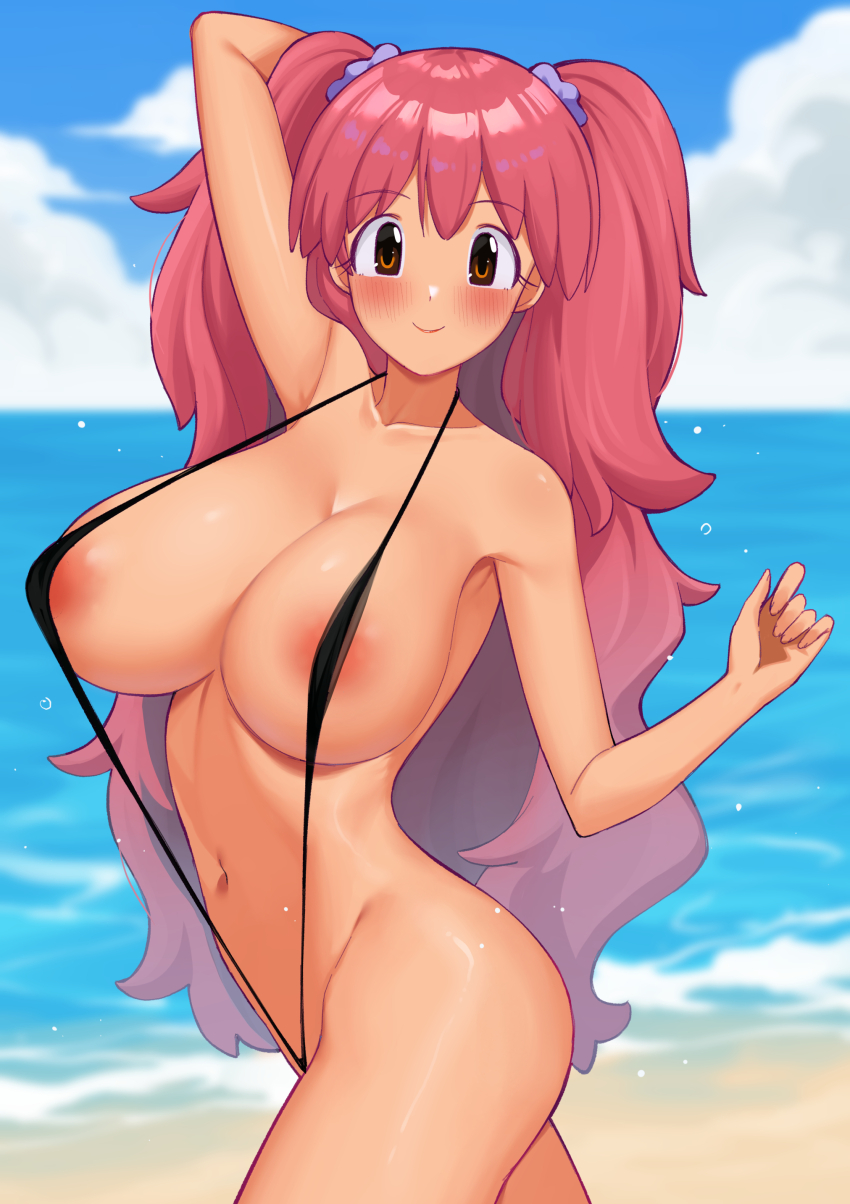 1girl absurdres areola_slip arm_up armpits bare_shoulders beach bikini blue_sky blush breasts brown_eyes cleavage closed_mouth cloud collarbone covered_erect_nipples day highres hinata_natsumi horizon keroro_gunsou large_breasts long_hair looking_at_viewer navel nekosama_shugyouchuu ocean outdoors pink_hair sand sky slingshot_swimsuit smile solo swimsuit twintails very_long_hair water