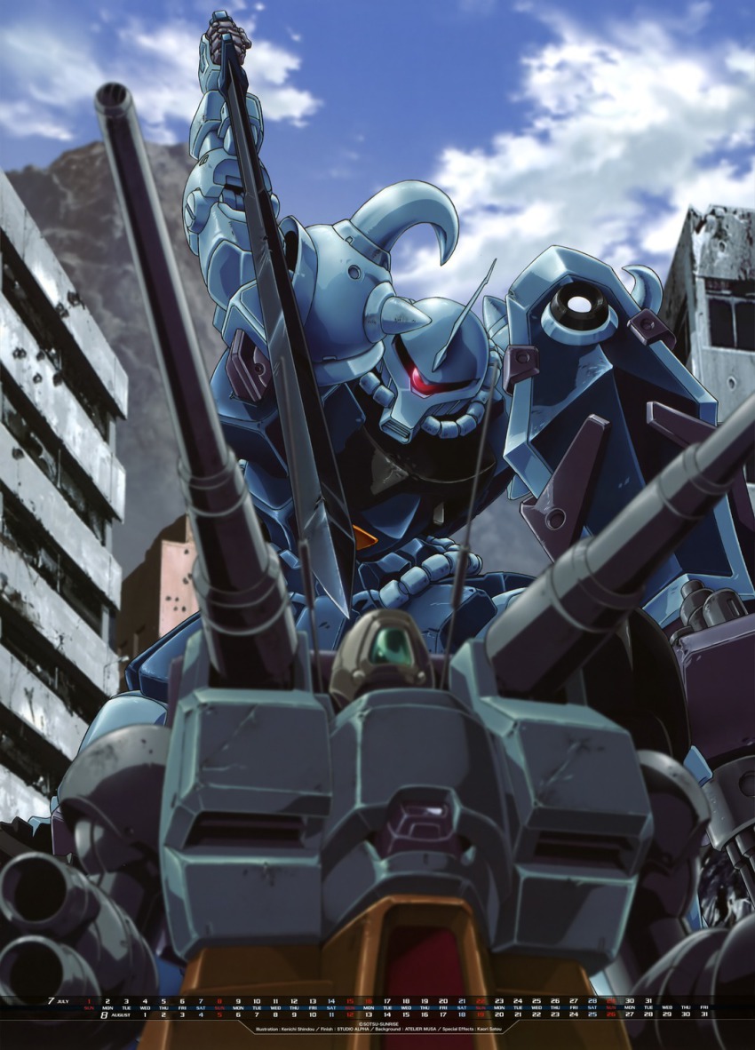 gouf_custom gundam gundam_08th_ms_team guntank highres mecha official_art robot shield shindou_kenichi sword weapon