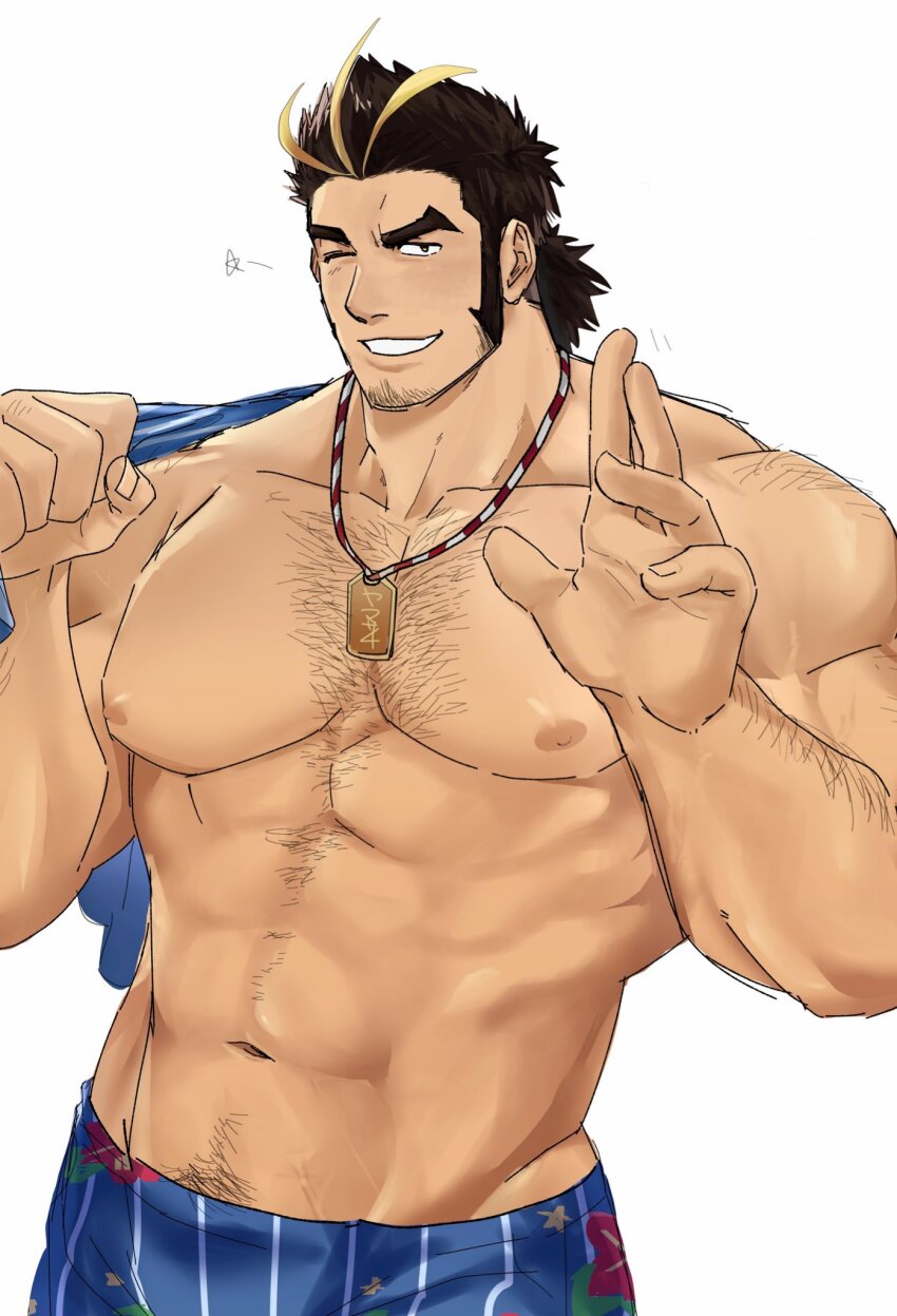 1boy abs back_hair bara beard character_request commentary_request cowboy_shot facial_hair full_beard hairy highres huge_pectorals long_sideburns looking_at_viewer male_focus mature_male muscular muscular_male navel navel_hair nipples one_juneju_e seductive_smile short_hair sideburns smile solo sparse_arm_hair sparse_chest_hair sparse_navel_hair standing stomach thick_eyebrows tokyo_houkago_summoners topless_male