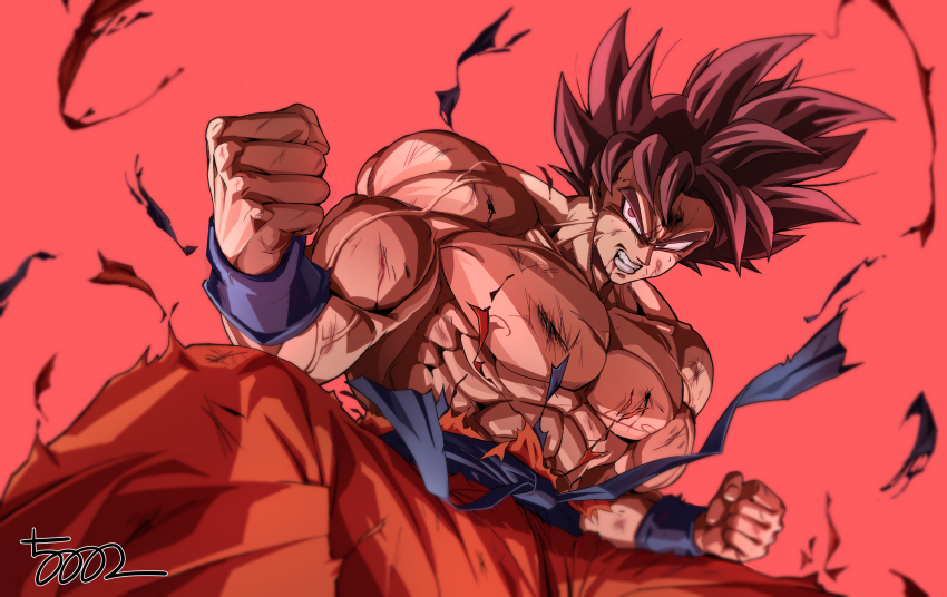 1boy 5002_bus abs absurdres blood blood_from_mouth blood_on_face blue_sash clenched_hand clenched_teeth dougi dragon_ball dragonball_z highres injury large_pectorals male_focus muscular muscular_male orange_pants pants pectorals red_background red_eyes red_hair sash scratches shirt signature solo son_goku super_saiyan super_saiyan_god teeth topless_male torn_clothes torn_pants torn_shirt v-shaped_eyebrows veins