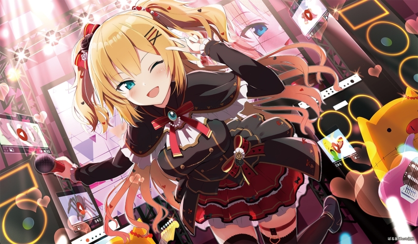 1girl akai_haato akai_haato_(gothic_lolita) blonde_hair blush bow bowtie bug concert dutch_angle electric_guitar emoji gothic_lolita gotyou guitar haaton_(akai_haato) hair_bow hair_ornament hairclip highres holding holding_microphone hololive instrument jewelry lolita_fashion long_hair microphone one_eye_closed open_mouth screen solo speaker spider stage_lights tarantula thigh_strap thighhighs v virtual_youtuber youtube zettai_ryouiki