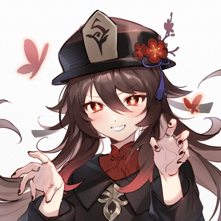 1girl absurdres black_coat black_hat black_nails blush branch brown_hair bug butterfly chinese_clothes coat collared_coat fingernails flower flower-shaped_pupils genshin_impact gold_ring gradient_hair hair_between_eyes hands_up hat hat_flower hat_ornament hat_ribbon highres hu_tao_(genshin_impact) insect jewelry long_hair long_sleeves looking_at_viewer mandarin_collar multicolored_hair nail_polish nekomi_0 purple_ribbon red_butterfly red_eyes red_flower red_hair red_shirt ribbon ring shirt simple_background smile solo standing symbol-shaped_pupils tassel hat_tassel teeth twintails upper_body v-shaped_eyebrows white_background wide_sleeves wing_collar