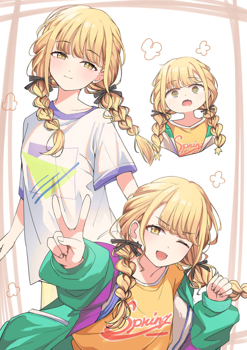 1girl :3 ;d @_@ absurdres blonde_hair border braid brown_border clenched_hand closed_mouth clothes_writing collarbone commentary fang fujita_kotone gakuen_idolmaster green_jacket highres idolmaster inset_border jacket kiyakyuu looking_at_viewer low_twin_braids multicolored_clothes multicolored_jacket multiple_views one_eye_closed open_clothes open_jacket open_mouth purple_jacket shirt short_sleeves skin_fang smile solo twin_braids v v-shaped_eyebrows white_background white_jacket white_shirt yellow_eyes yellow_shirt