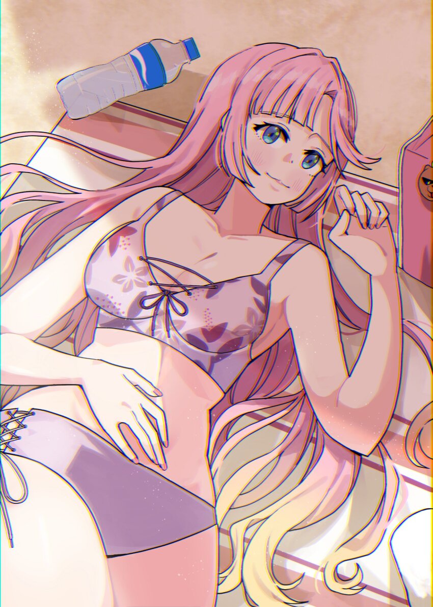 1girl absurdres anyoji_hime beach bikini blonde_hair blue_eyes blunt_bangs blush breasts cleavage collarbone commentary cross-laced_bikini cross-laced_clothes floral_print floral_print_bikini goldluck gradient_hair hair_down hair_spread_out highres link!_like!_love_live! long_hair looking_at_viewer love_live! love_live!_days:_love_live!_general_magazine lying midriff multicolored_hair navel official_alternate_costume official_alternate_hairstyle on_back outdoors pink_hair plastic_bottle print_bikini purple_bikini sidelocks solo swept_bangs swimsuit very_long_hair