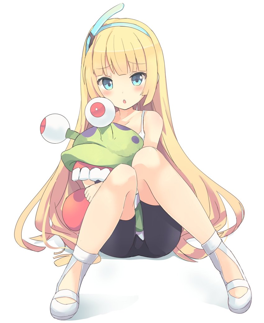 1girl 1other absurdres ass bike_shorts black_shorts blonde_hair blue_eyes blush commentary_request digimon digimon_(creature) digimon_world_-next_0rder- dress hairband highres hug isegawa_yasutaka knees_together_feet_apart knees_up legs long_hair luche numemon open_mouth shoes short_dress shorts shorts_under_dress simple_background sitting sundress thighs very_long_hair white_background white_dress white_footwear