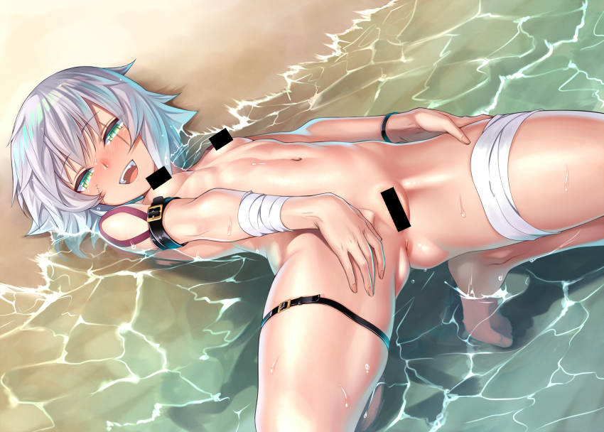 1girl anus ass bandaged_arm bandages bar_censor beach blush breasts censored day facial_scar fate/apocrypha fate/grand_order fate_(series) green_eyes grey_hair highres jack_the_ripper_(fate/apocrypha) looking_at_viewer navel nude open_mouth orochi_itto outdoors scar scar_across_eye scar_on_cheek scar_on_face short_hair shoulder_tattoo small_breasts smile solo spread_legs tattoo thigh_strap water wet