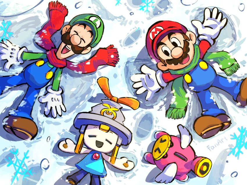 1girl 3boys blue_dress blue_overalls brown_footwear brown_hair closed_eyes connie_(mario) dress facial_hair footprints full_body gloves green_hat green_scarf green_shirt happy hat highres long_sleeves looking_at_another luigi mario mario_&amp;_luigi:_brothership mario_&amp;_luigi_rpg mario_(series) multiple_boys mustache nintendo open_mouth outdoors overalls red_hat red_scarf red_shirt scarf shirt shoes short_hair smile snoutlet_(mario) snow snow_angel snowflakes white_background white_gloves ya_mari_6363