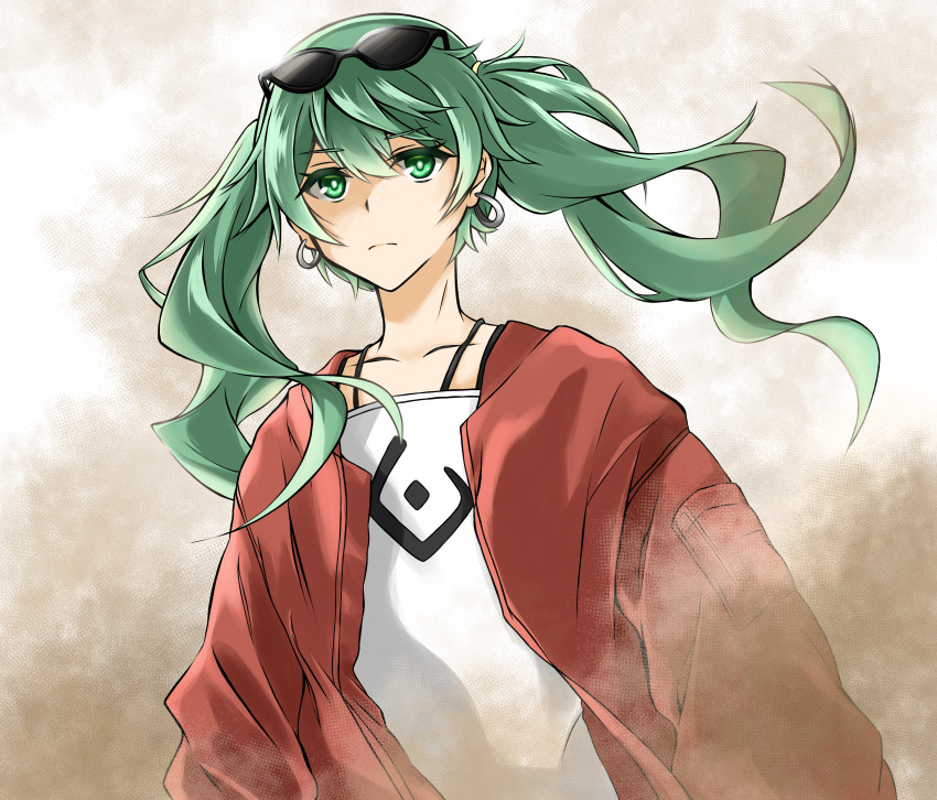 1girl absurdres aqua_hair black-framed_eyewear collarbone commentary_request earrings eyewear_on_head frown fujishiro_kazuha green_eyes hair_between_eyes hatsune_miku highres jacket jewelry open_clothes open_jacket red_jacket sand shirt solo suna_no_wakusei_(vocaloid) sunglasses twintails vocaloid white_shirt wind