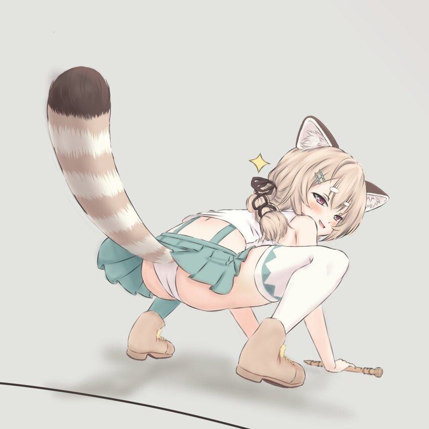 1girl all_fours animal_ear_fluff animal_ears ass blush boots braid brown_hair drawfag from_behind green_skirt hair_ornament highres komachi_panko long_hair naughty_face panties phase_connect red_eyes red_panda_ears red_panda_girl red_panda_tail short_eyebrows skirt squatting tail_raised tail_under_skirt thighhighs underwear upskirt virtual_youtuber