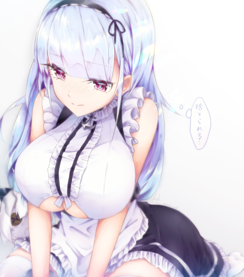 1girl anchor_choker apron azur_lane black_skirt blue_hair breasts choker cleavage cleavage_cutout clothing_cutout dido_(azur_lane) doll highres large_breasts long_hair maid maid_headdress purple_eyes satsuki_meguru shirt simple_background sitting skirt sleeveless sleeveless_shirt solo thighhighs underboob underboob_cutout waist_apron white_apron white_background white_shirt white_thighhighs