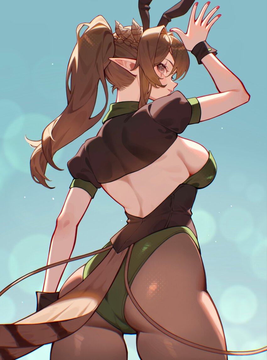 1girl absurdres animal_ears arm_up ass bird_tail black_eyes black_wrist_cuffs blue_background breasts brown_hair brown_pantyhose chui_art cowboy_shot fake_animal_ears feather_hair from_behind green_leotard highres indie_virtual_youtuber kumi_(vtuber) large_breasts leotard long_hair looking_at_viewer looking_back pantyhose pointy_ears ponytail rabbit_ears red_nails scar scar_across_eye second-party_source smile solo tail virtual_youtuber wrist_cuffs