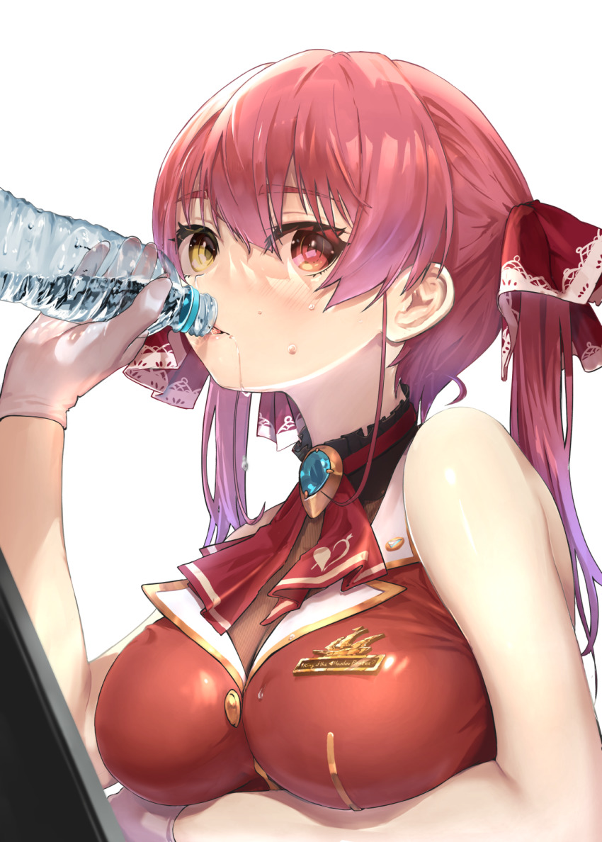 1girl ascot blush bottle breasts cleavage commentary_request drinking gloves hair_ribbon heterochromia highres holding holding_bottle hololive houshou_marine large_breasts looking_at_viewer red_ascot red_eyes red_hair red_ribbon ribbon see-through_clothes see-through_cleavage simple_background solo twintails upper_body virtual_youtuber wankosukii water_bottle white_background white_gloves yellow_eyes