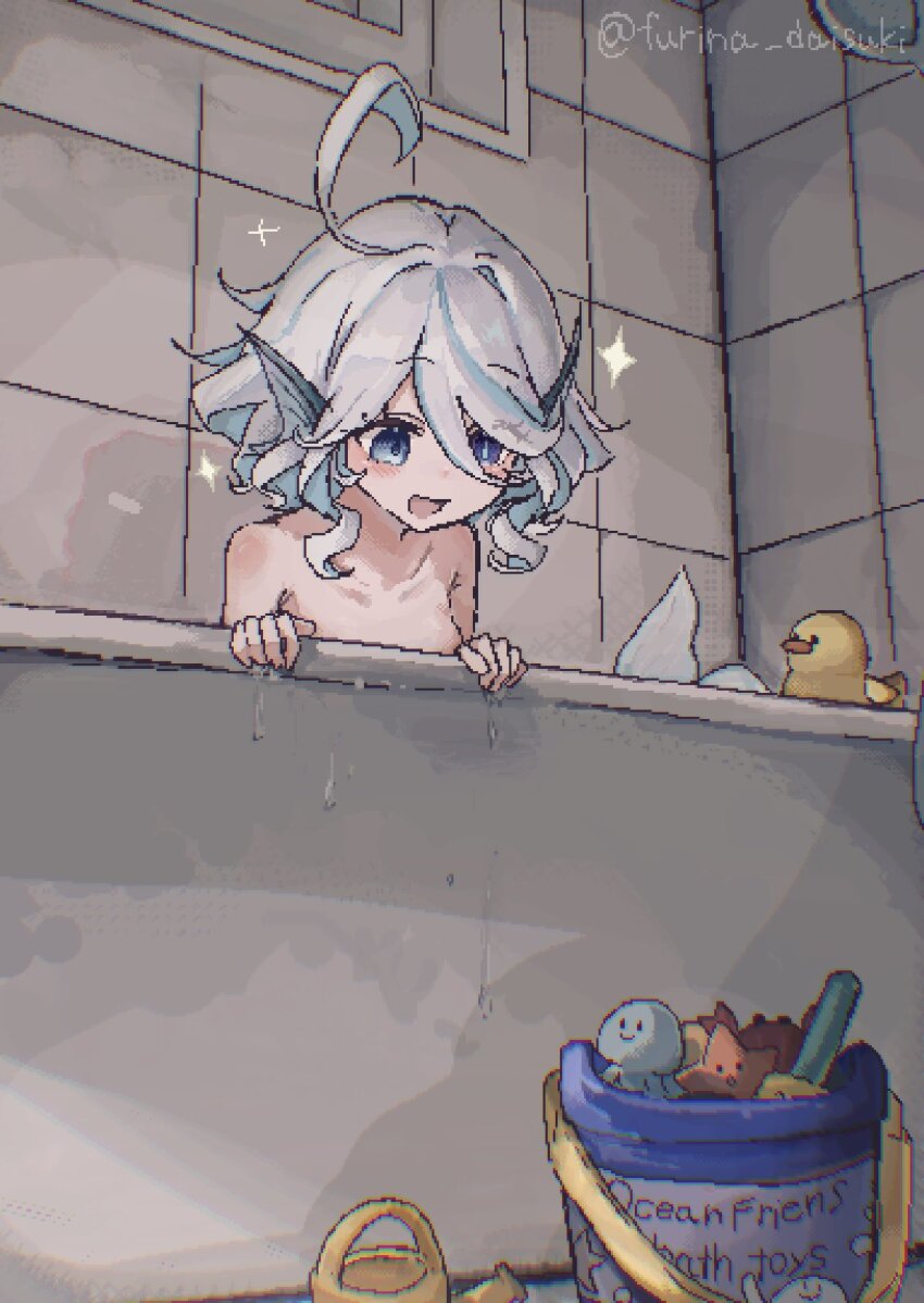 1girl :d ahoge bath bathing bathroom bathtub bird blue_eyes blue_hair blush breasts bucket collarbone commentary_request completely_nude duck fins furina_(genshin_impact) furina_daisuki genshin_impact hair_between_eyes head_fins highres mermaid mismatched_pupils monster_girl nude open_mouth partially_submerged pixel_art ripples rubber_duck short_hair signature small_breasts smile solo sparkle tile_floor tile_wall tiles twitter_username water