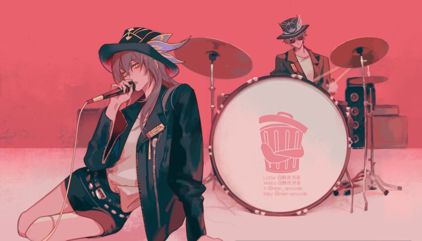 1boy 1girl apt._(rose_&amp;_bruno_mars) artist_name belt black-framed_eyewear black_belt black_hat black_jacket black_skirt brown_jacket caelus_(honkai:_star_rail) closed_mouth drum drum_set drumsticks dual_persona fingernails grey_hair hair_between_eyes hand_up hat hat_feather hat_ornament highres holding holding_drumsticks holding_microphone honkai:_star_rail honkai_(series) instrument jacket lapels long_hair long_sleeves looking_at_viewer mian_spnoodle microphone miniskirt music nail_polish open_clothes open_jacket open_mouth orange_nails pink_background playing_instrument puffy_long_sleeves puffy_sleeves shirt short_hair simple_background singing sitting skirt stelle_(honkai:_star_rail) sunglasses t-shirt trailblazer&#039;s_hat_(honkai:_star_rail) trailblazer_(honkai:_star_rail) white_shirt yellow_eyes