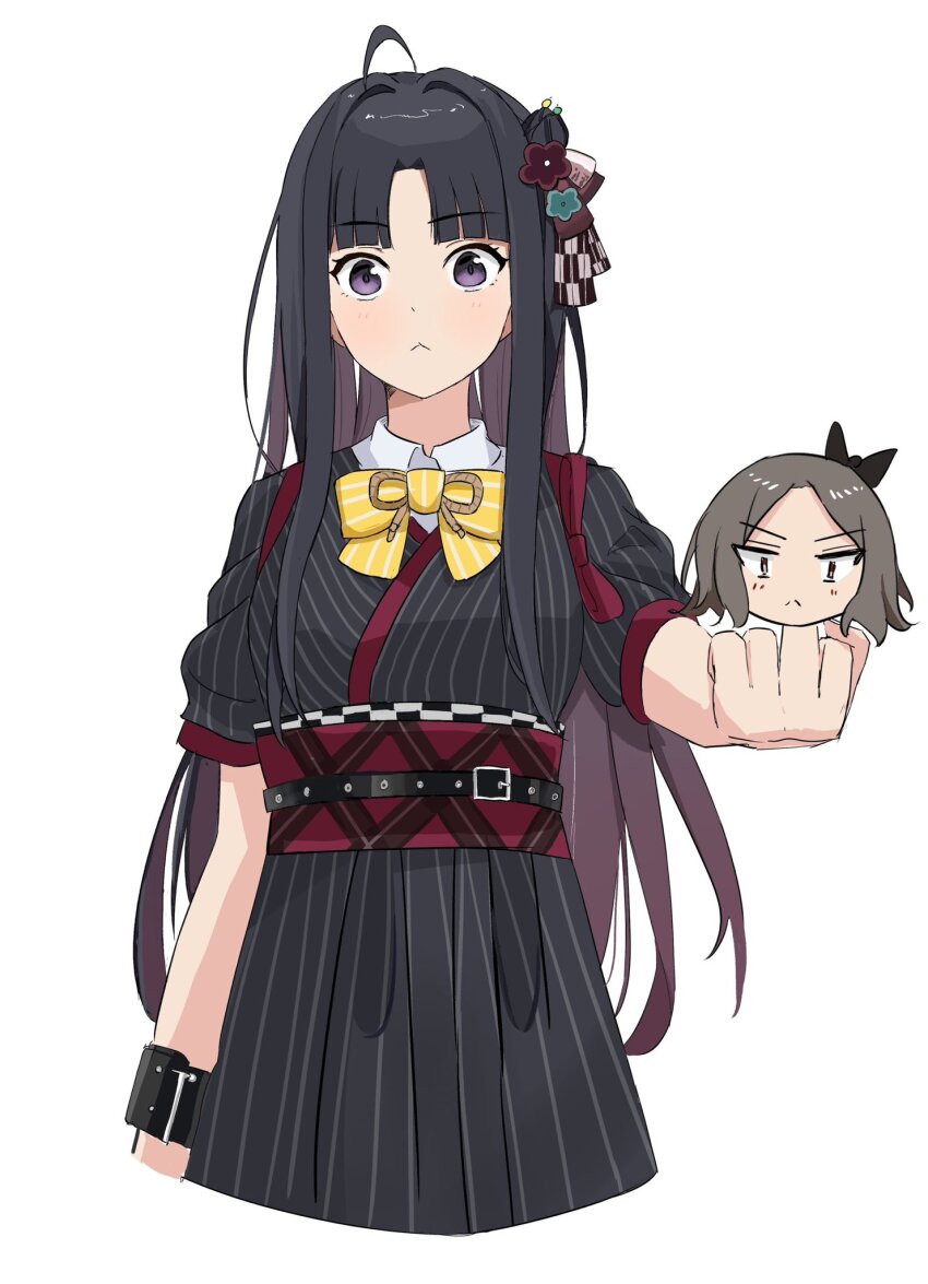 1girl :&lt; ahoge awa_subaru black_hair black_kimono blush bow bowtie censored censored_gesture character_censor closed_mouth cowboy_shot cropped_torso ebizuka_tomo flower girls_band_cry hair_bun hair_flower hair_intakes hair_ornament highres japanese_clothes kimono kuuhaku_to_catharsis long_hair middle_finger novelty_censor obi parted_bangs purple_eyes sash short_sleeves sidelocks single_side_bun solo striped_bow striped_bowtie striped_clothes timberg12138 yellow_bow yellow_bowtie