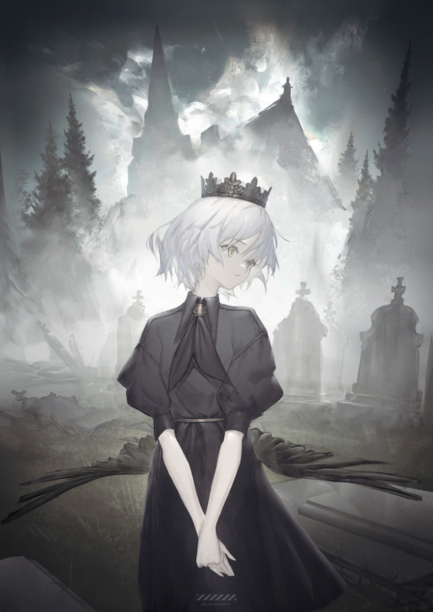 1girl black_crown black_dress black_neckerchief black_wings building collared_dress crossed_arms crown dress fog grey_hair highres looking_to_the_side neckerchief original outdoors pale_skin puffy_short_sleeves puffy_sleeves short_hair short_sleeves solo tombstone tree white_hair wings yuzu_(yuzusuke10)