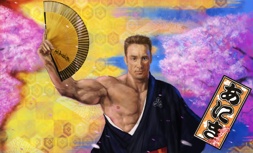 1boy abs billy_herrington bird blue_eyes cherry_blossoms duck gachimuchi_pants_wrestling japanese_clothes kimono male_focus manly muscular muscular_male nipples short_hair translation_request tree upper_body wrestling_(series) yellow_background zeze