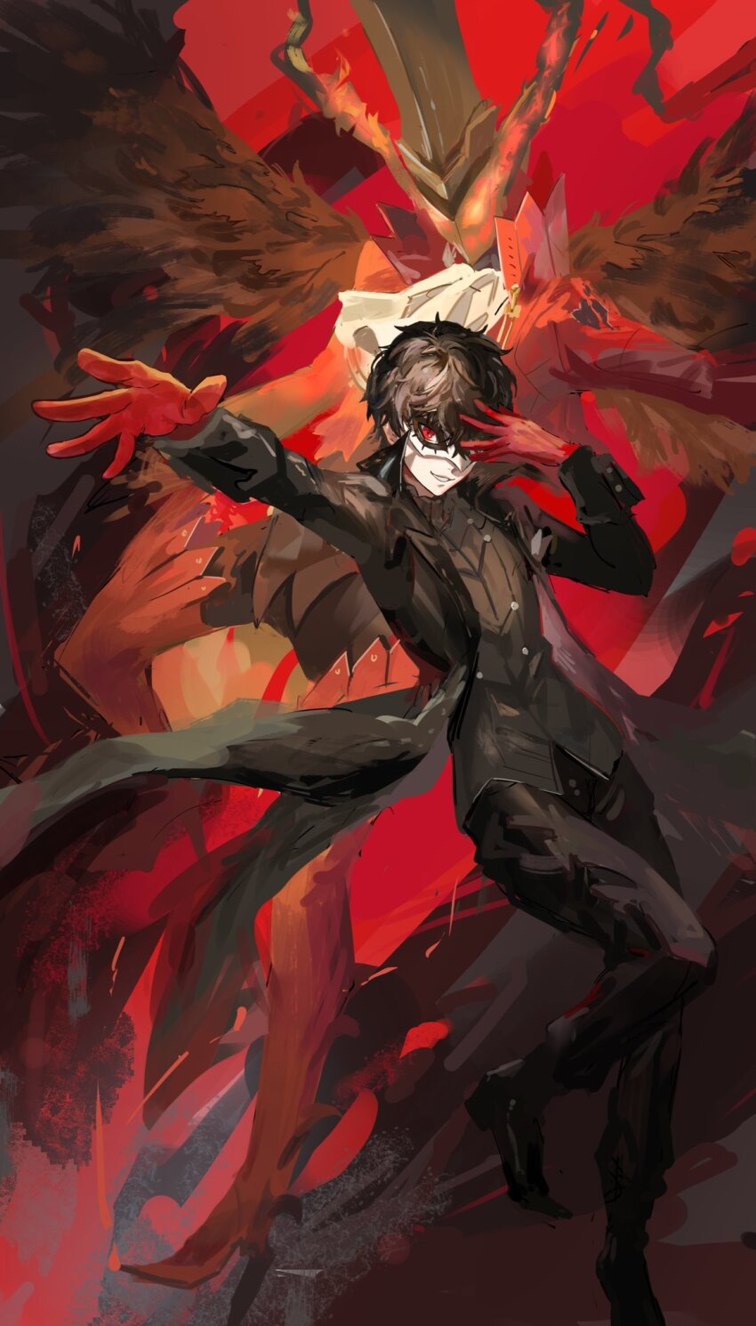 1boy amamiya_ren arsene_(persona_5) black_coat black_footwear black_hair black_headwear black_pants black_wings coat gloves hair_between_eyes highres kra_0056 long_sleeves looking_at_viewer male_focus mask open_clothes open_coat pants persona persona_5 red_eyes solo white_mask wings