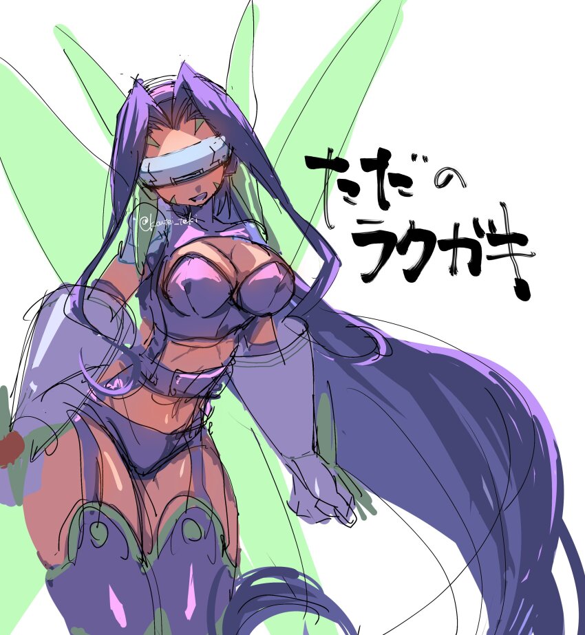 1girl breasts digimon digimon_(creature) digimon_frontier facial_mark fairimon fairy_wings female_focus gloves japanese_text koutei_teki long_hair medium_breasts purple_hair simple_background sketch tagme thick_thighs thighs translation_request white_background wings