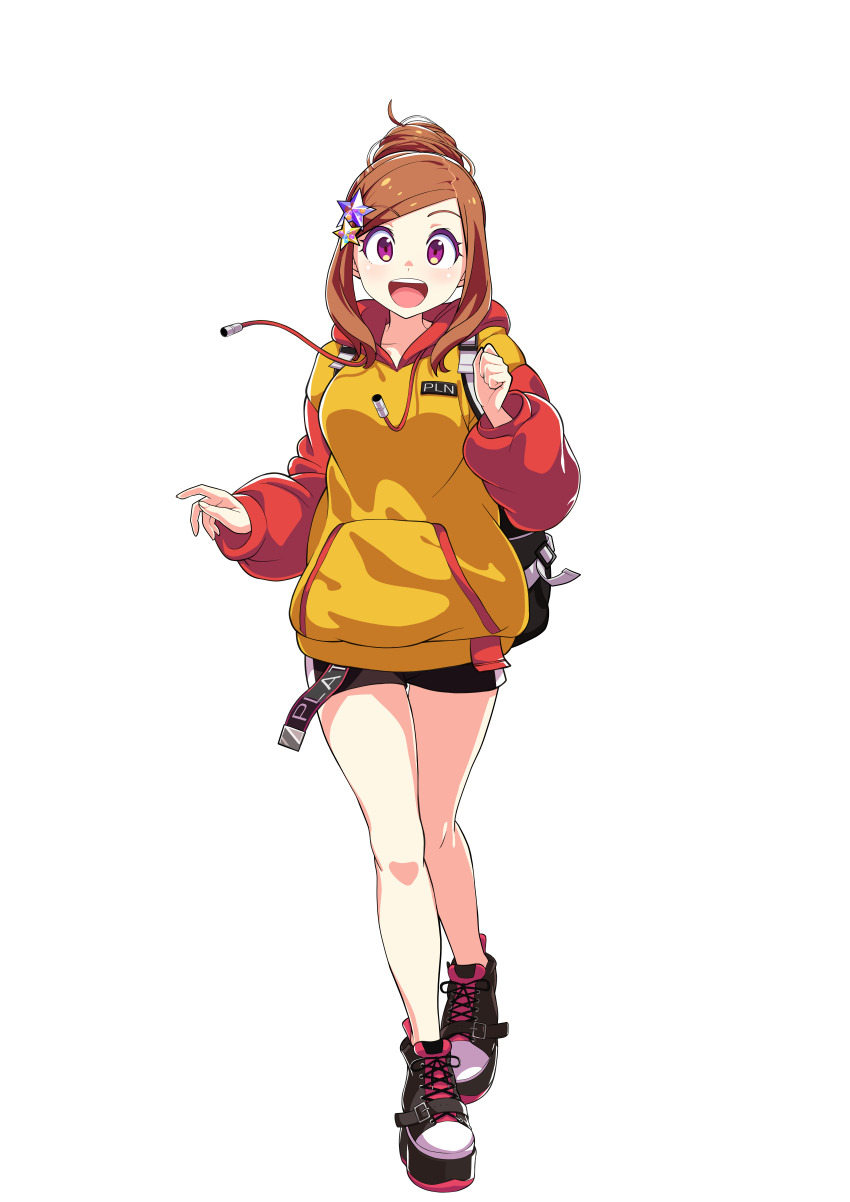 1girl absurdres artist_request asobe_iroha backpack bag breasts brown_hair casual collarbone drill_hair full_body hair_ornament highres hood hoodie looking_at_viewer magicami medium_breasts official_art open_mouth platform_footwear purple_eyes shorts sidelocks smile standing standing_on_one_leg star_(symbol) star_hair_ornament transparent_background