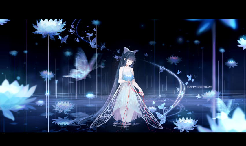 1girl absurdly_long_hair absurdres bad_id bad_pixiv_id bare_arms bare_shoulders black_hair blue_flower bow closed_eyes closed_mouth clouble dress facing_viewer flower grey_bow hair_bow happy_birthday highres holding holding_flower insect_wings long_hair lotus original sleeveless sleeveless_dress solo string string_of_fate sundress transparent_wings very_long_hair wading water white_dress white_flower wings